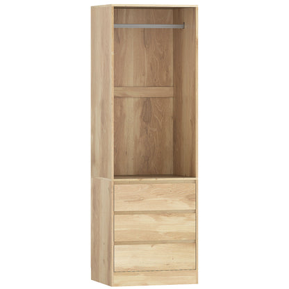 Dulap Garderobă cu Bară pentru Umerașe, Raft Deschis și 3 Sertare, din Lemn, 60x48,5x185 cm, culoare Teak