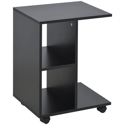 Masa laterala in forma de C cu 2 rafturi deschise si 4 roti pivotante, PAL, 45x35x58cm, negru