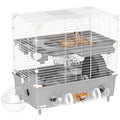 Cușcă pentru Hamsteri cu 2 Niveluri și 3 Uși, cu Roată și Tuburi, din Oțel, PS și PP, 44.5x28x44 cm, Gri și Alb
