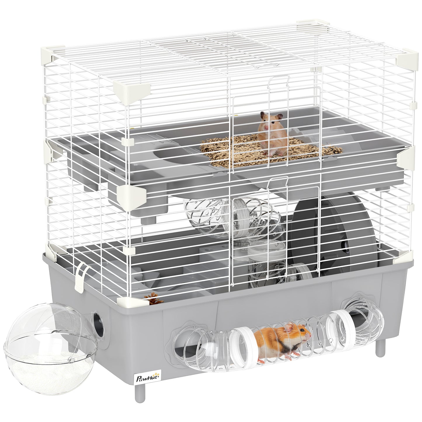 Cușcă pentru Hamsteri cu 2 Niveluri și 3 Uși, cu Roată și Tuburi, din Oțel, PS și PP, 44.5x28x44 cm, Gri și Alb