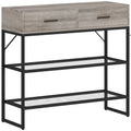 Consolă de Intrare cu 2 Sertare, 2 Rafturi din Plasă și Cârlig Lateral, Consolă în Lemn și Metal, Măsuță de Intrare pentru Dormitor, 100x35x92 cm, Gri Deschis