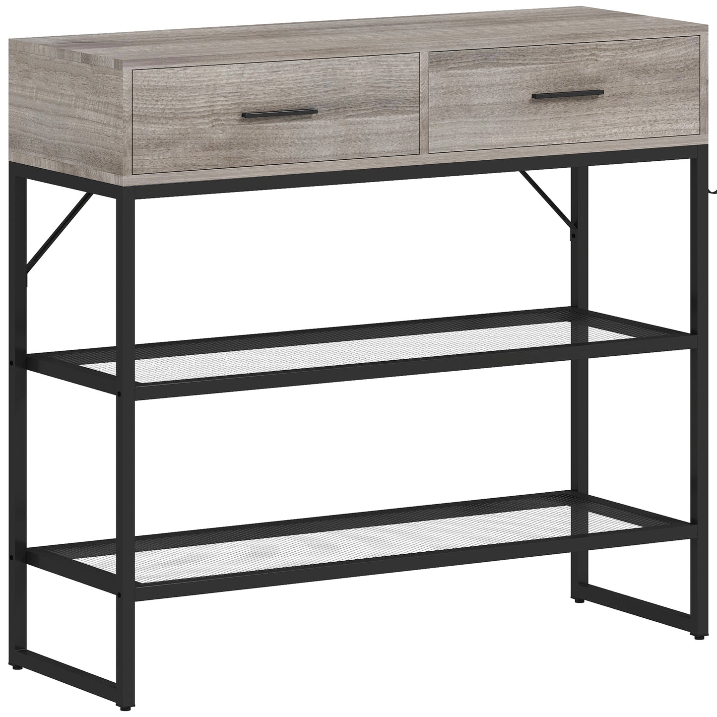 Consolă de Intrare cu 2 Sertare, 2 Rafturi din Plasă și Cârlig Lateral, Consolă în Lemn și Metal, Măsuță de Intrare pentru Dormitor, 100x35x92 cm, Gri Deschis