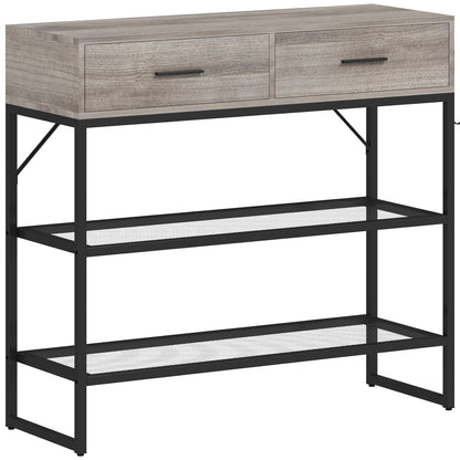Consolă de Intrare cu 2 Sertare, 2 Rafturi din Plasă și Cârlig Lateral, Consolă în Lemn și Metal, Măsuță de Intrare pentru Dormitor, 100x35x92 cm, Gri Deschis