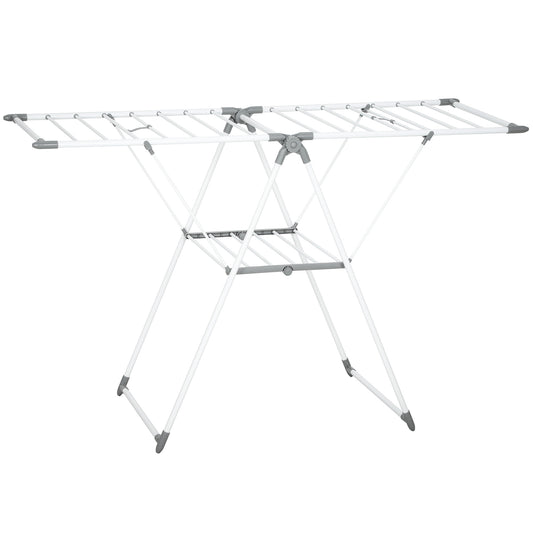 Uscător de Rufe cu 2 Niveluri Reglabil pe 4 Înălțimi, Uscător cu Picioare Antiderapante din Metal și Plastic, 156,5x61,5x97 cm, Alb