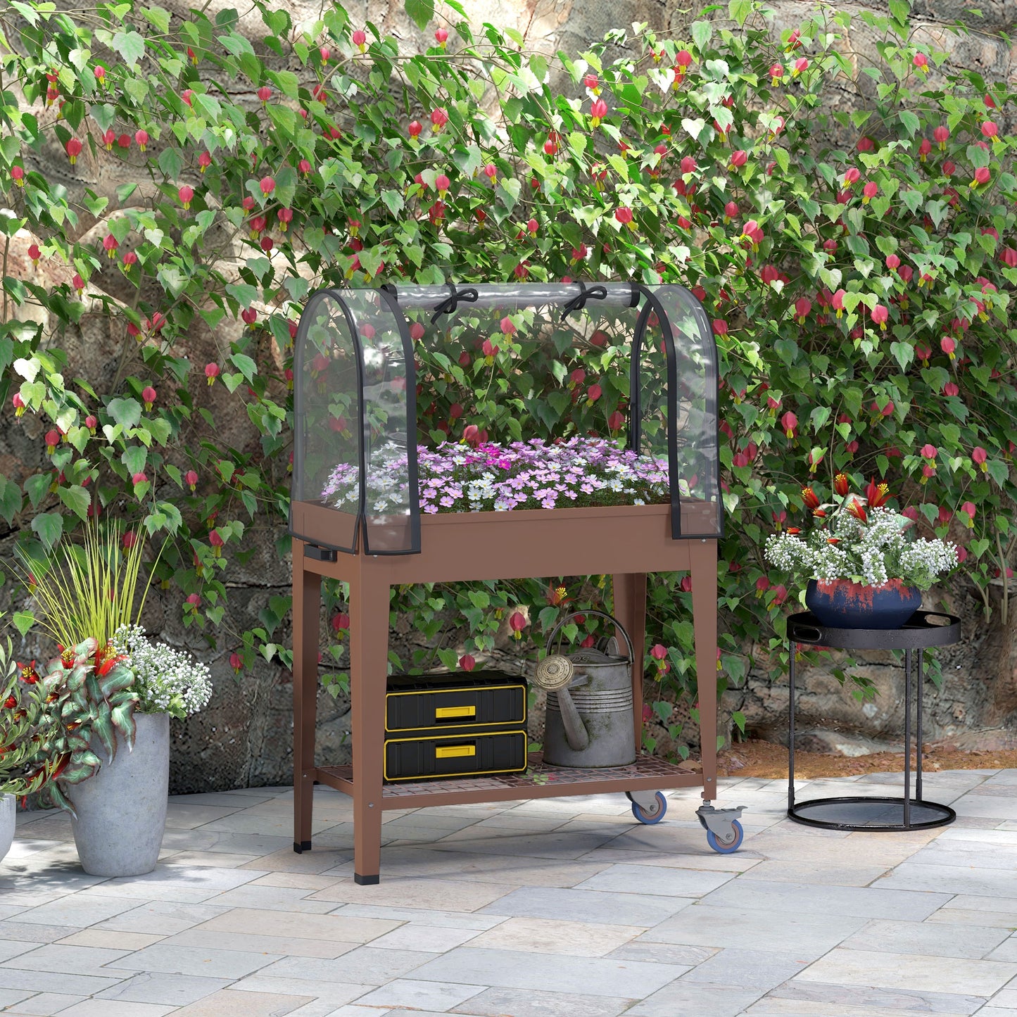 Furcă de grădină înălțată cu mini seră pentru plante, roți și raft, 80x40x120cm, maro