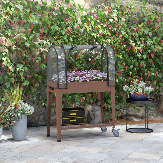 Furcă de grădină înălțată cu mini seră pentru plante, roți și raft, 80x40x120cm, maro