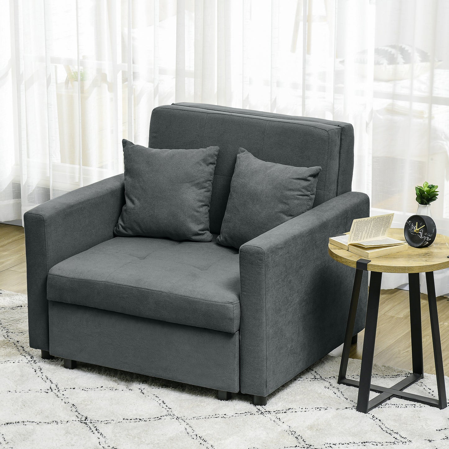 Poltrona Letto in Tessuto Effetto Velluto Grigio con 2 Cuscini e Spazio Contenitore, 100x98x88 cm