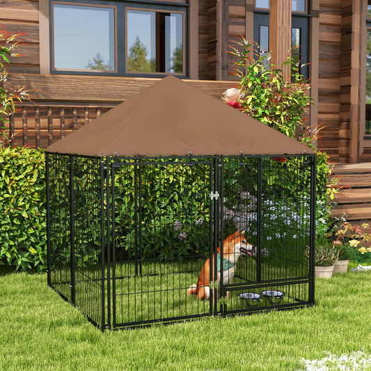 Țarc pentru câini din metal și material Oxford cu ușiță pentru boluri, 141x141x151 cm, negru și maro