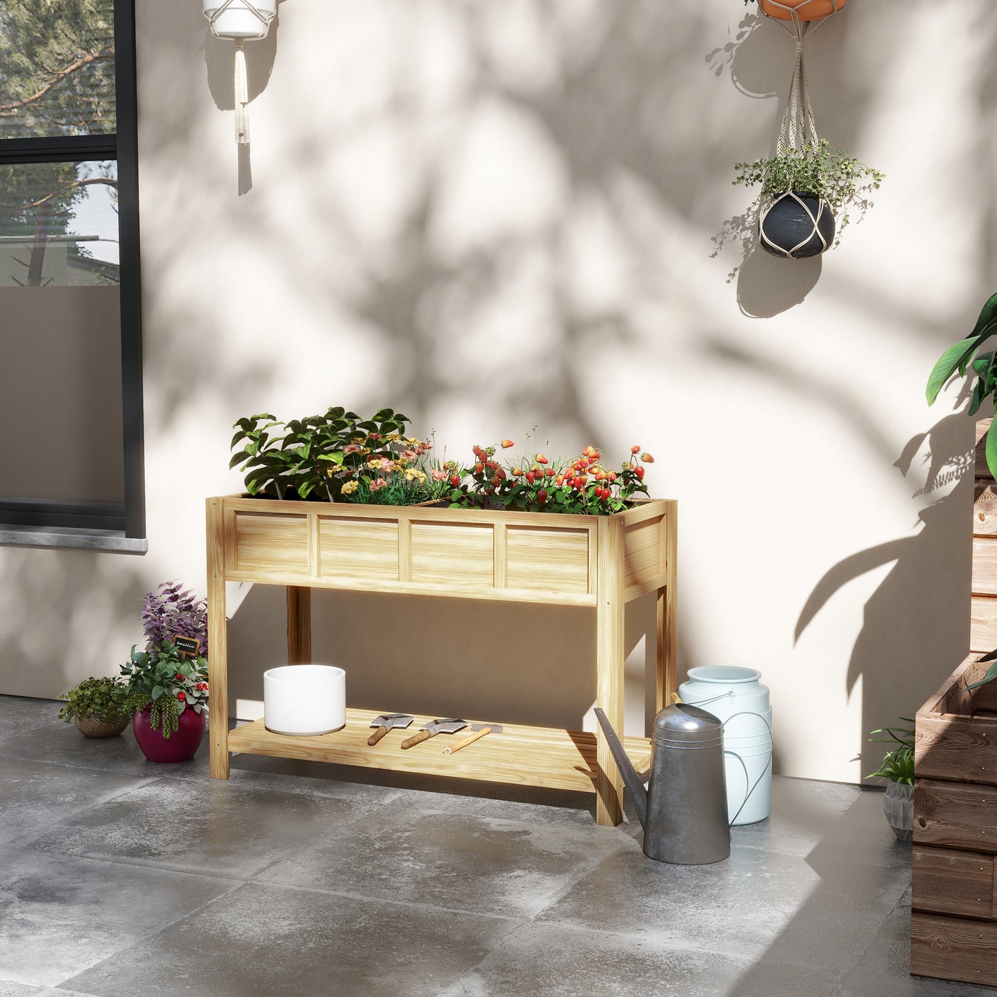 Jardinieră Înălțată din Lemn cu Raft Inferior, Separator, Găuri de Drenaj, 115x46x75 cm, Culoare Lemn