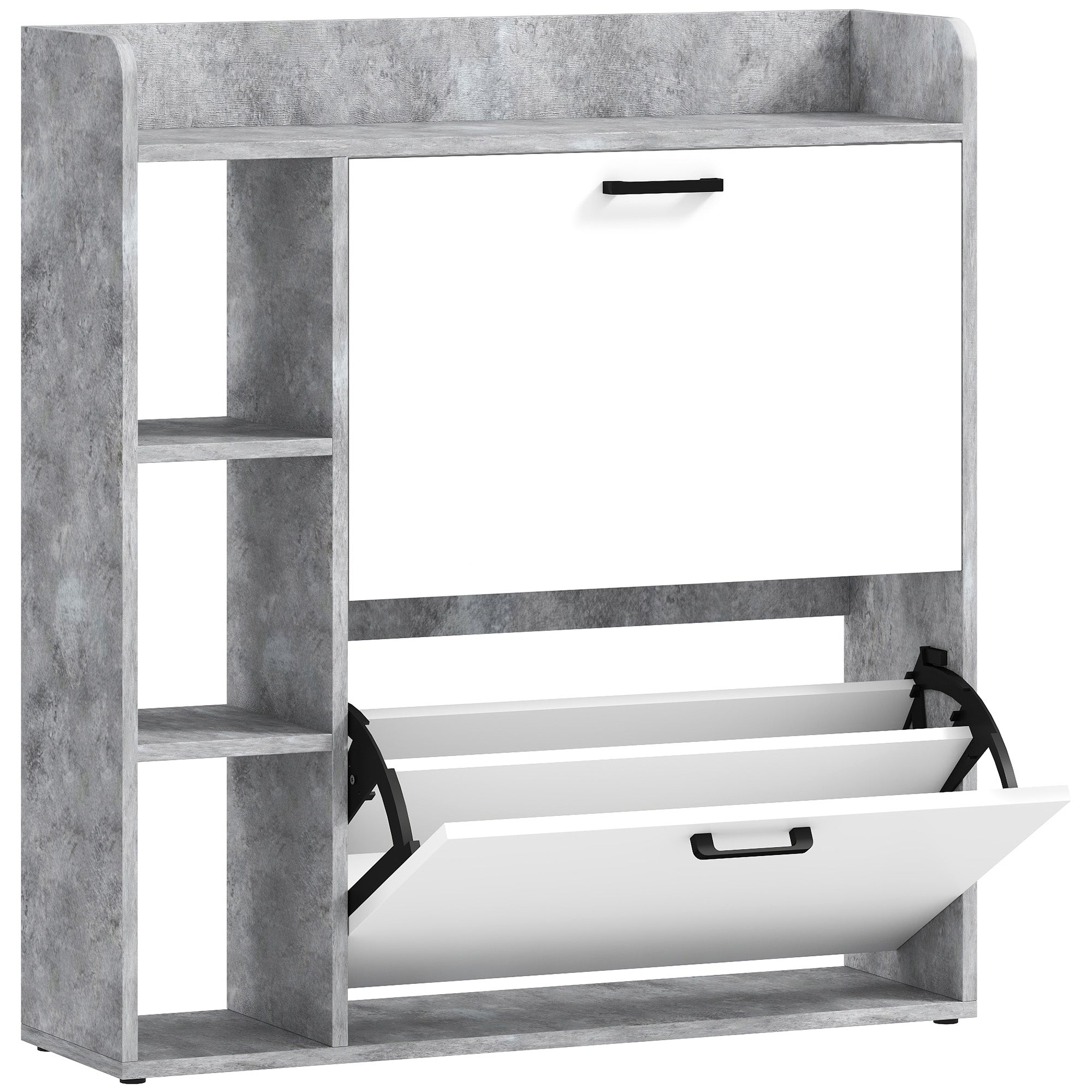 Scarpieră Slim cu 2 Sertare Rabatabile și 3 Compartimente Deschise, Capacitate 15 Pantofi, 83x24x90.5 cm, Gri