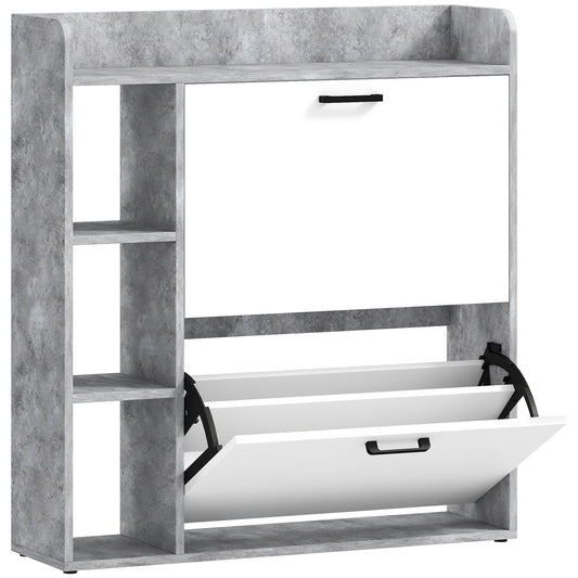 Scarpieră Slim cu 2 Sertare Rabatabile și 3 Compartimente Deschise, Capacitate 15 Pantofi, 83x24x90.5 cm, Gri