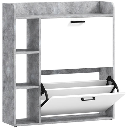 Scarpieră Slim cu 2 Sertare Rabatabile și 3 Compartimente Deschise, Capacitate 15 Pantofi, 83x24x90.5 cm, Gri