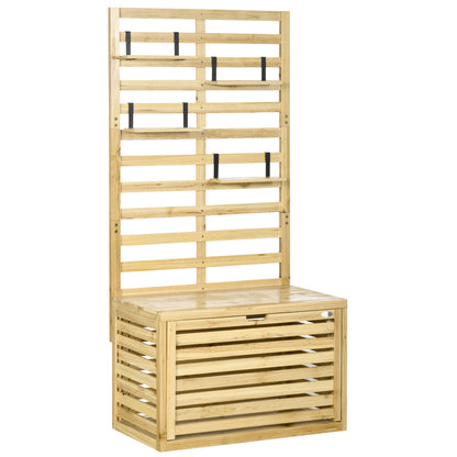 Bancă de Depozitare pentru Grădină din Lemn de Brad cu Spalier Integrat și 4 Rafturi, Bancă de Depozitare Exterior Impermeabilă cu Închidere Magnetică, 80x45x160 cm, Culoare Lemn