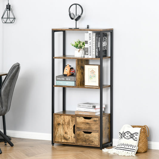 Bibliotecă cu 3 Rafturi, Dulap și 2 Sertare, din PAL și Metal, 58x24x122 cm