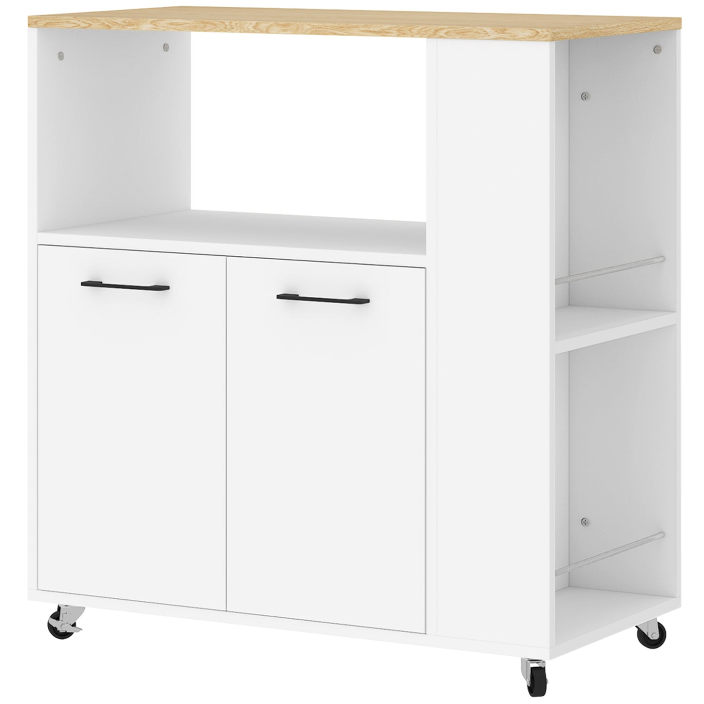 Cărucior de Bucătărie din Lemn cu Raft Deschis, Dulap și Raft Lateral, 75x40x80,5 cm, Culoare Stejar și Alb