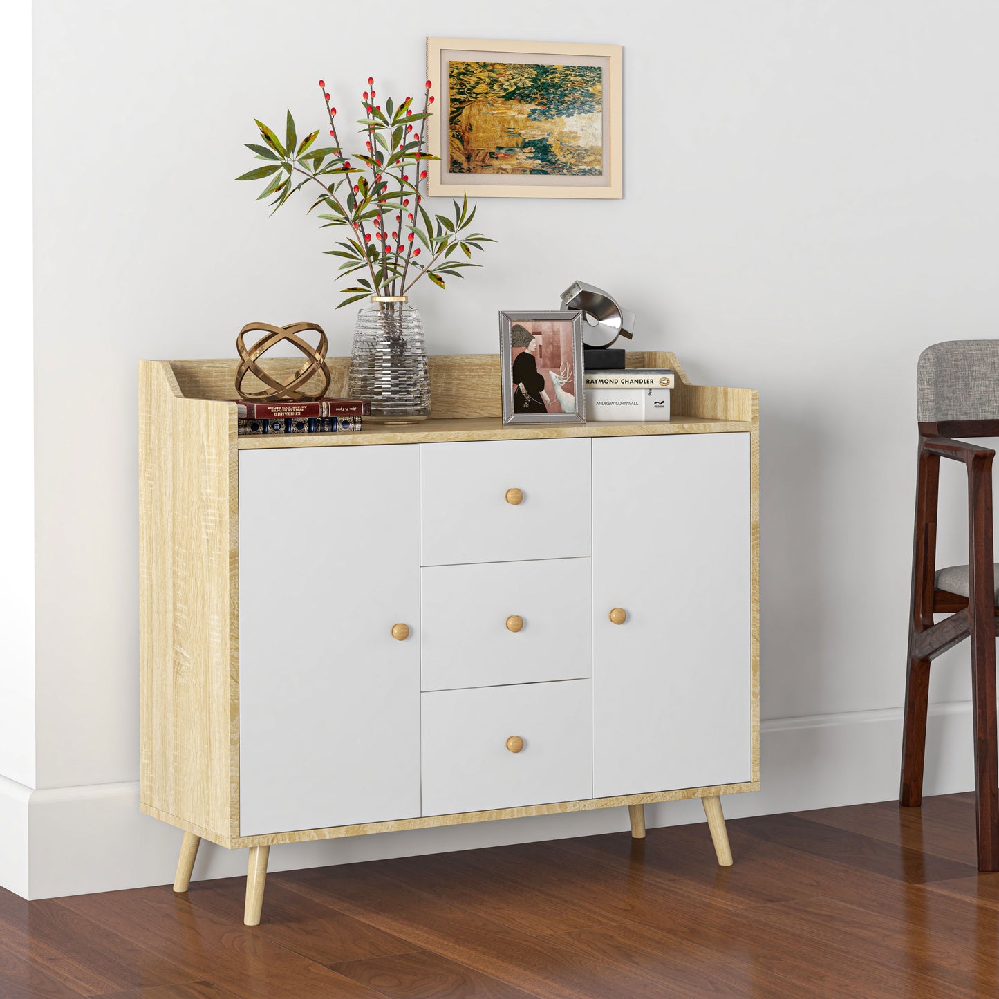 Bufet Modern din PAL si Lemn de di Pin cu 3 Sertare si 2 Dulapioare cu 2 Niveluri, 90x32x80 cm, Alb si Lemn Natur
