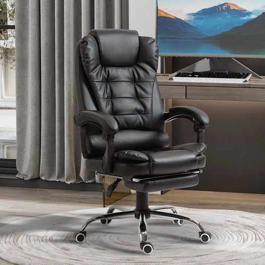 Scaun de Birou din Piele artificiala Neagra Inaltime Reglabila cu Spatar Rabatabil la 145° si Suport pentru Picioare, 64,5x69x117-127 cm