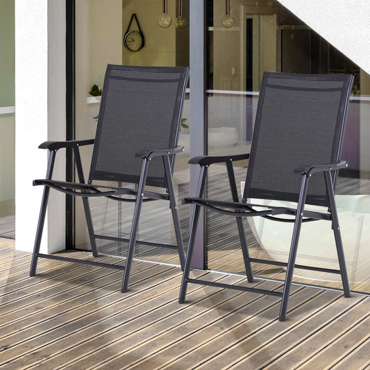 Set 2 Scaune de Grădină Pliabile cu Cotiere, Scaune pentru Prânz în Exterior din Metal și Texteline, pentru Terasă, Balcon, Verandă, Exterior și Interior, 58x64x94cm, Negru