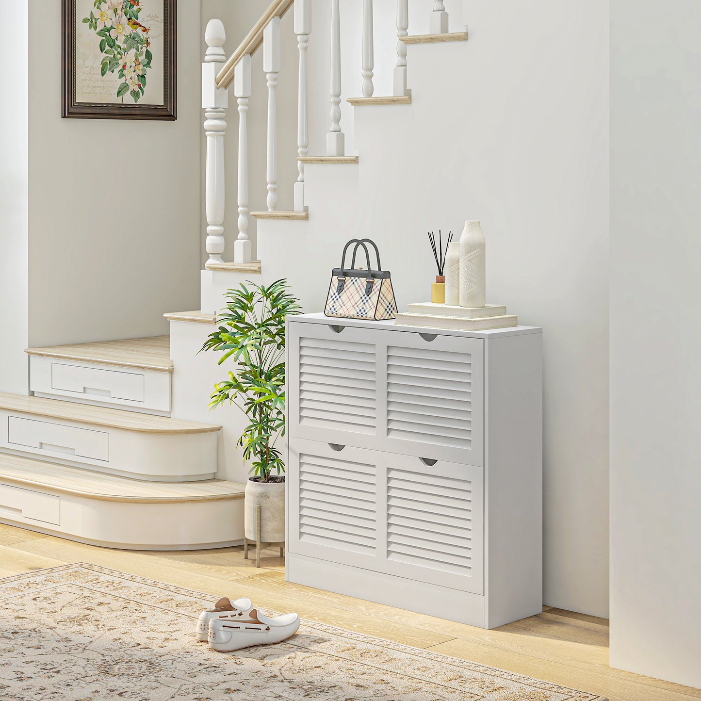 Dulap pentru încălțăminte compact din lemn, pentru 16 perechi de pantofi, cu 2 uși rabatabile, 81.5x25x83cm, alb