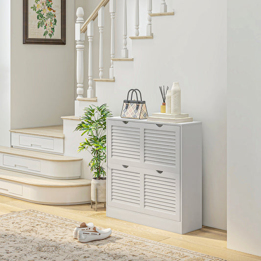 Dulap pentru încălțăminte compact din lemn, pentru 16 perechi de pantofi, cu 2 uși rabatabile, 81.5x25x83cm, alb