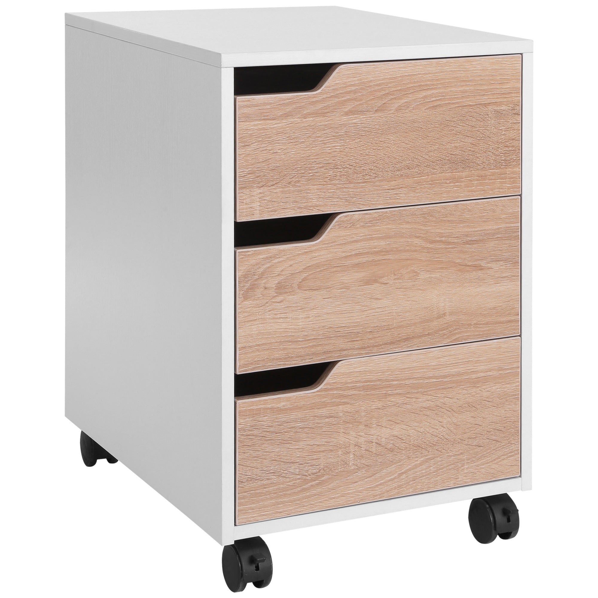 Comoda Birou – 3 Sertare, Roti, Alb si Lemn