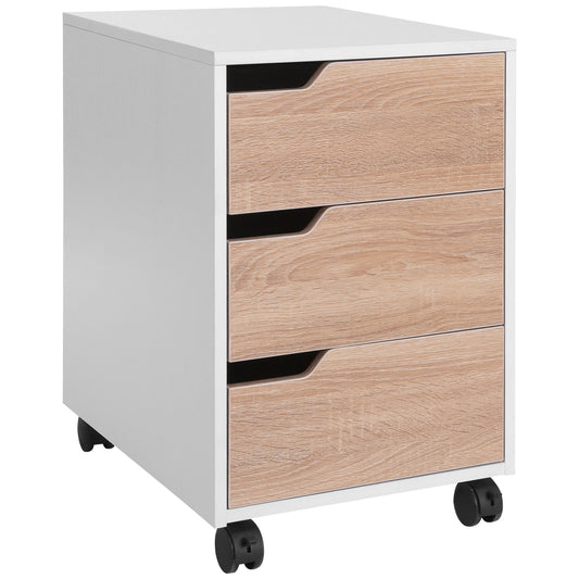 Comoda Birou – 3 Sertare, Roti, Alb si Lemn