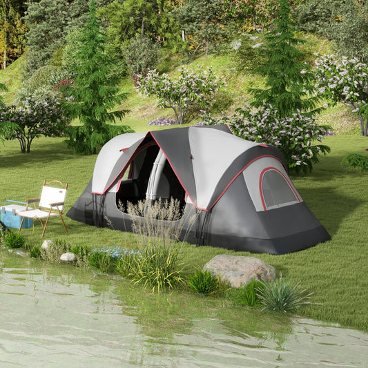 Cort de Camping pentru 6 Persoane cu 2 Camere Separate, Poliester și Fibră de Sticlă, 450x215x180 cm, Gri