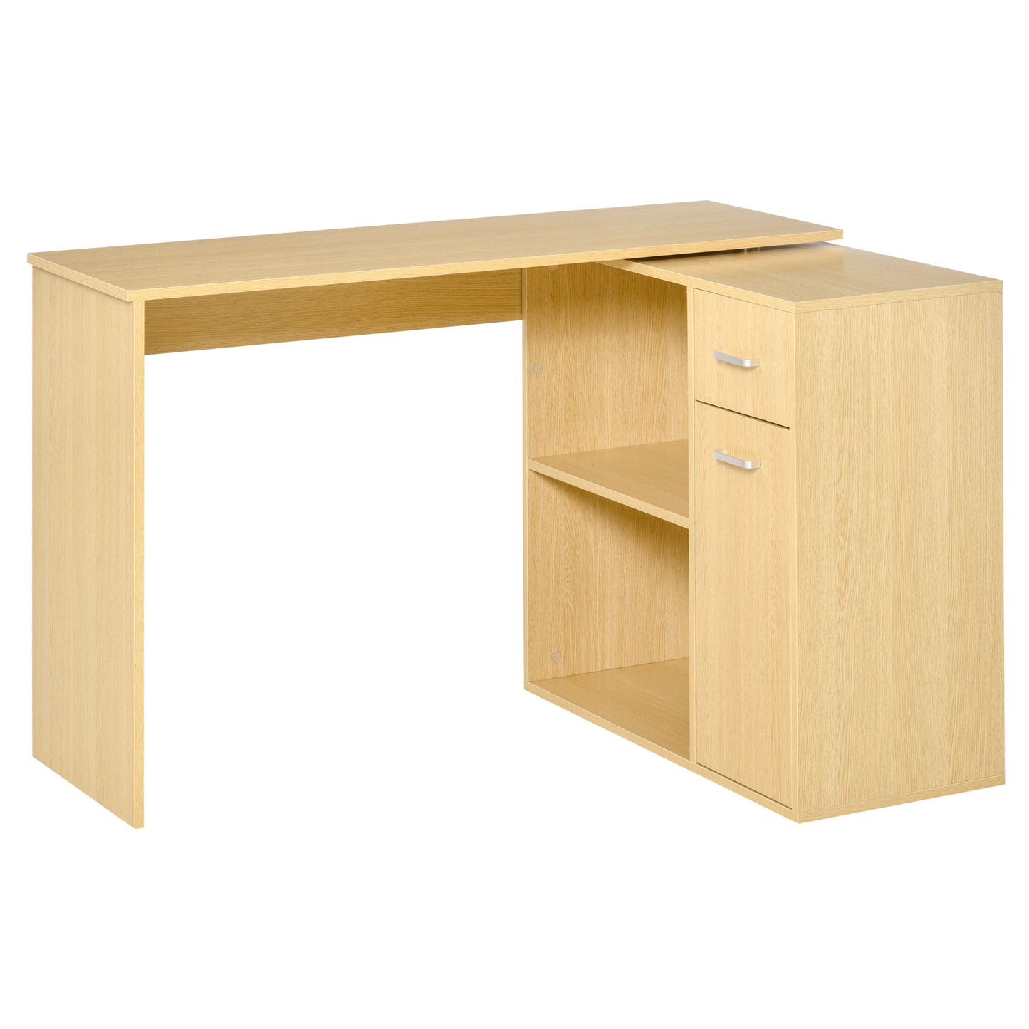 Birou pe Colt cu 2 Rafturi si 2 Sertare, Culoare Lemn Stejar, 117x82x74cm