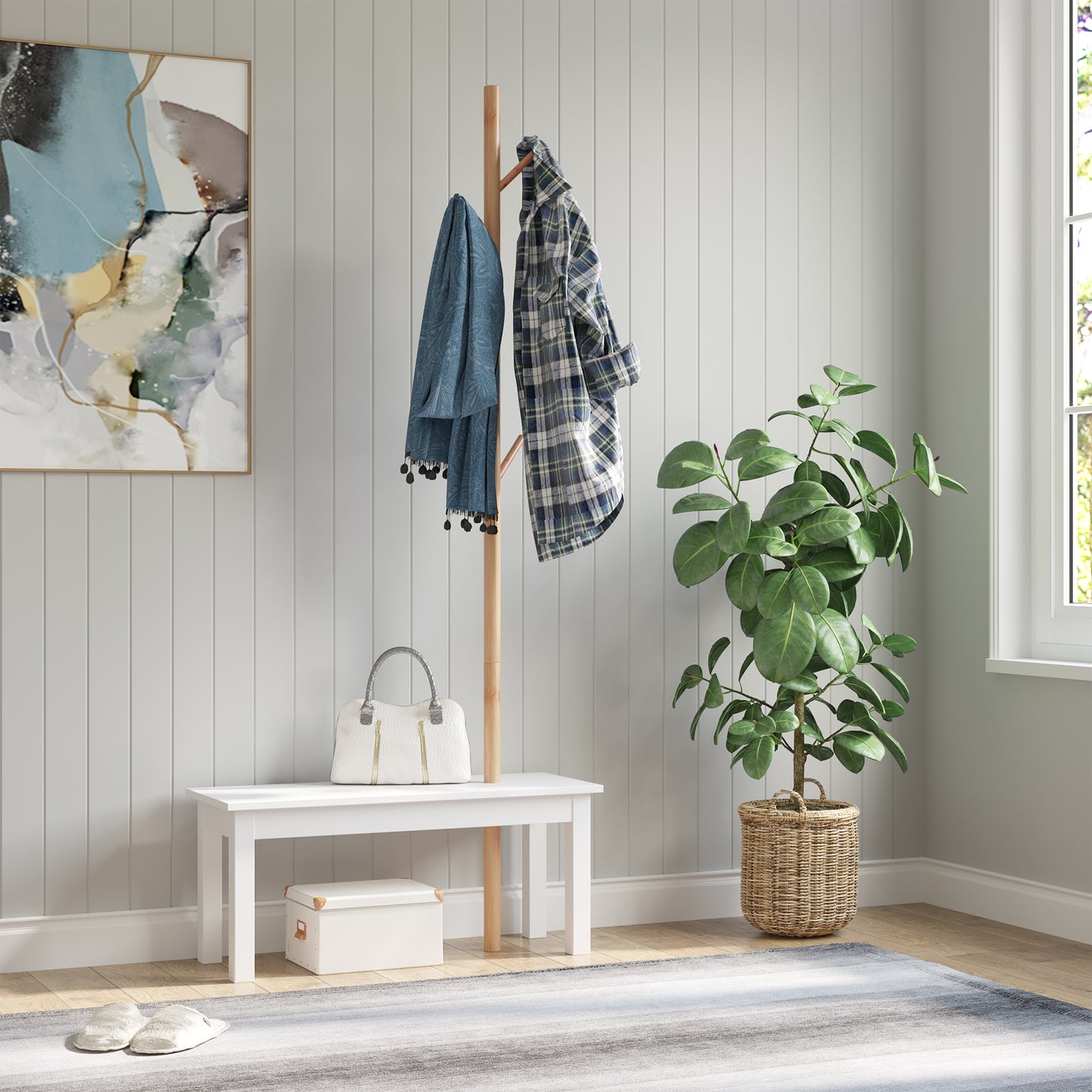Cuier de Perete cu Bancă din Bambus, Pantofar și Agățătoare pentru Hol, Design Modern, 80x30x180cm, Alb și Lemn Natural