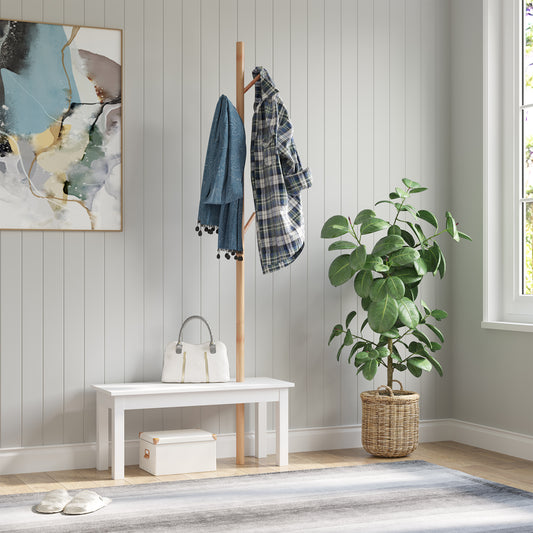 Cuier de Perete cu Bancă din Bambus, Pantofar și Agățătoare pentru Hol, Design Modern, 80x30x180cm, Alb și Lemn Natural