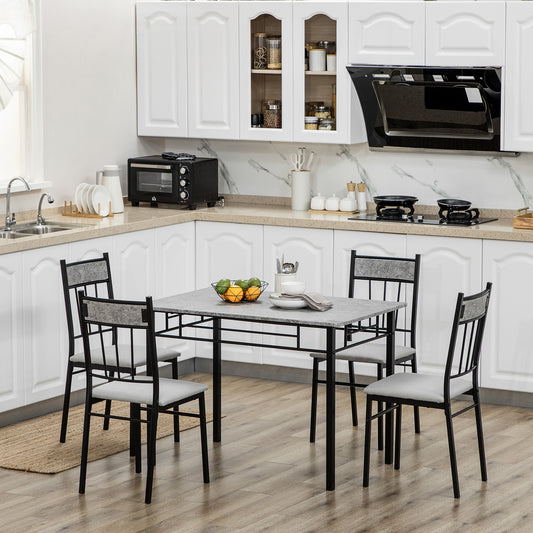Set masa si scaune 5 buc, masa dreptunghiulara din metal si MDF si 4 scaune de sufragerie cu scaun tapitat cu spuma si poliester