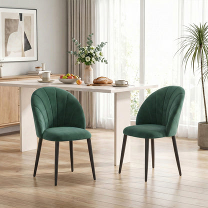 Set 2 Scaune de Sufragerie Tapițate cu Spătar în Formă de Scoică din Catifea, 52x55x79 cm, Verde Închis