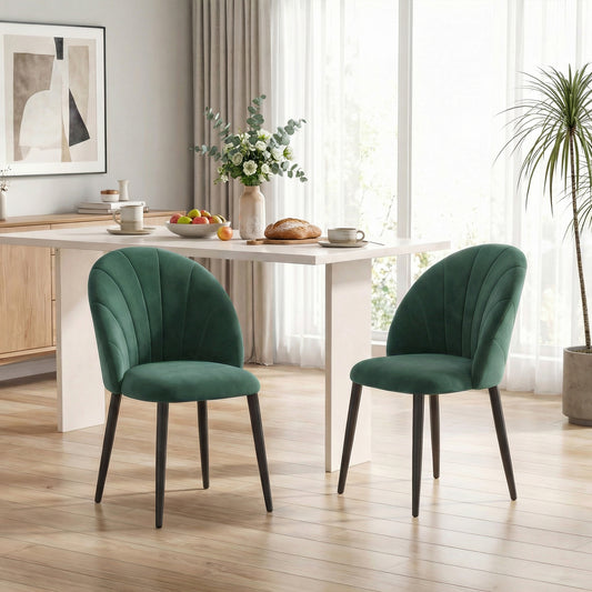 Set 2 Scaune de Sufragerie Tapițate cu Spătar în Formă de Scoică din Catifea, 52x55x79 cm, Verde Închis
