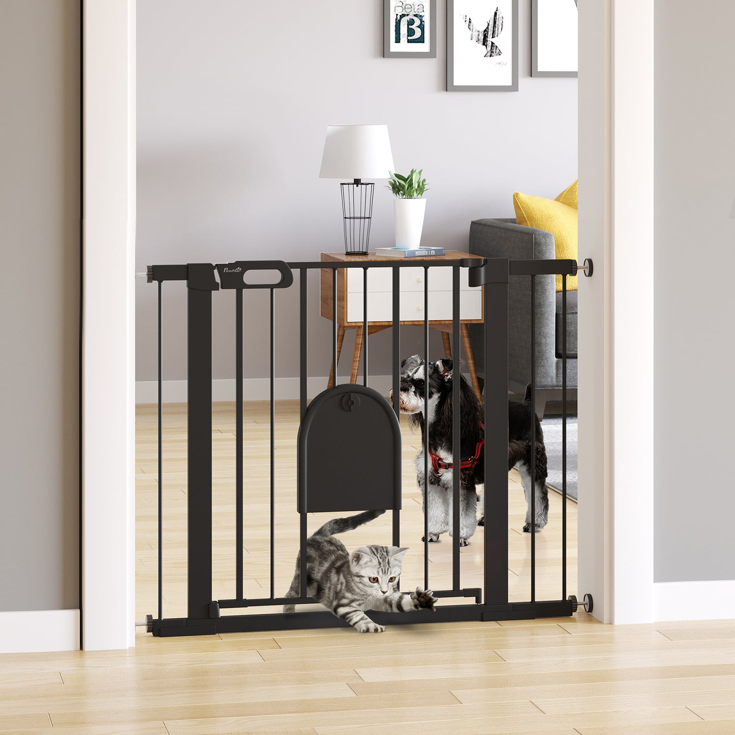 Poartă Reglabilă pentru Câini cu Ușă Mică și Închidere Automată, 75-103x76cm, Negru