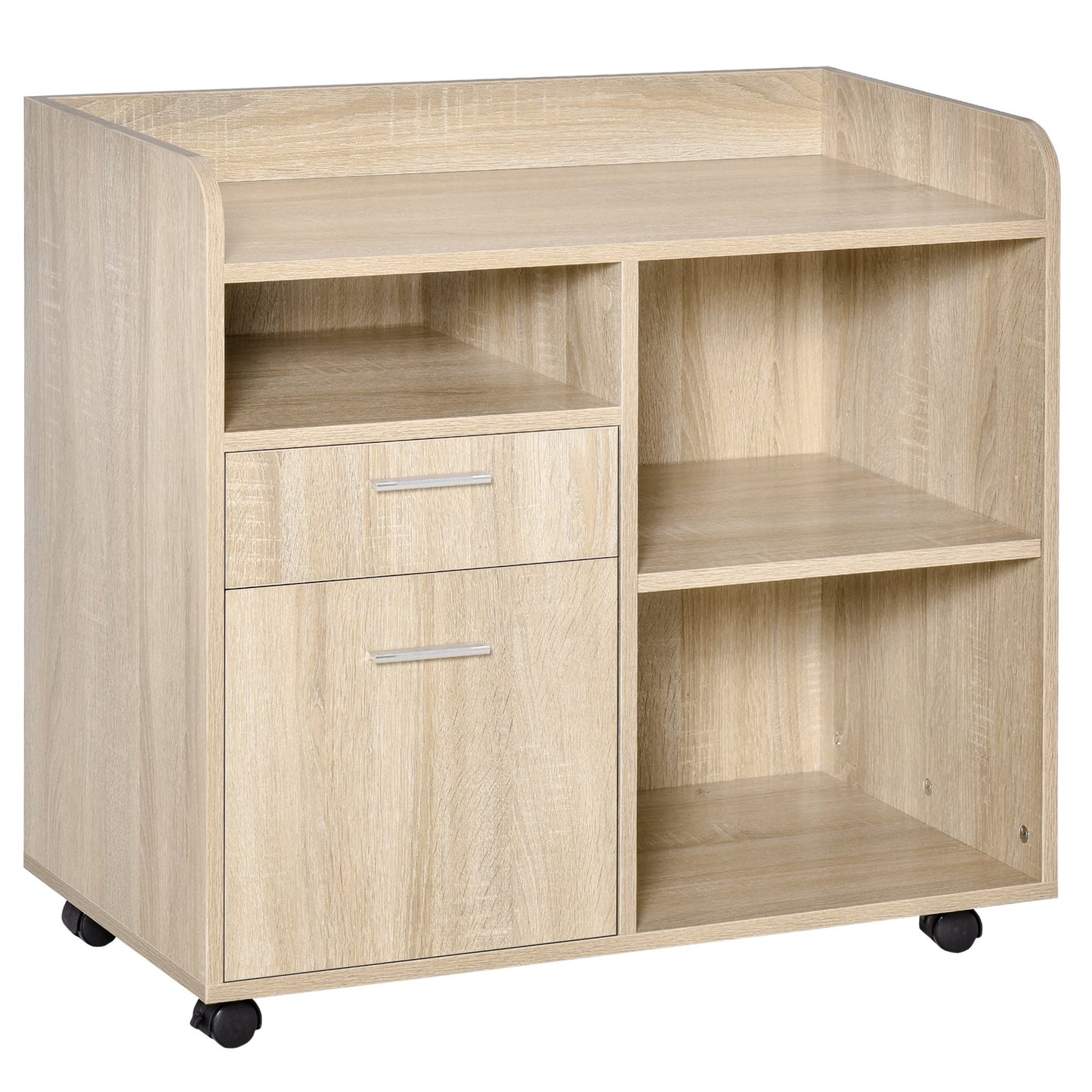 Dulap Imprimantă Birou Multifuncțional 80x40x72 cm, Dulap Joasă cu Sertare, Rafturi, 4 Roți, Culoare Stejar
