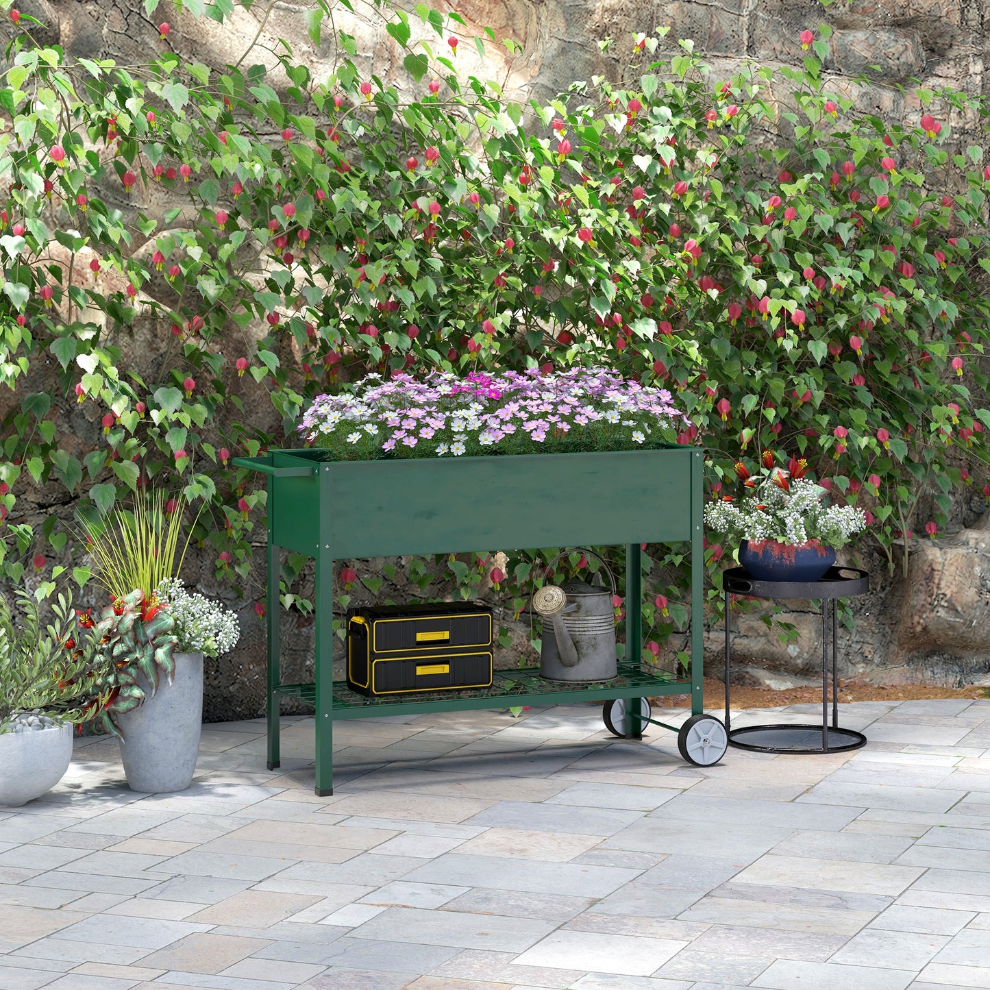 Jardinieră de Exterior cu Raft Inferior pentru Unelte, din Metal, 109x44x80 cm, Verde