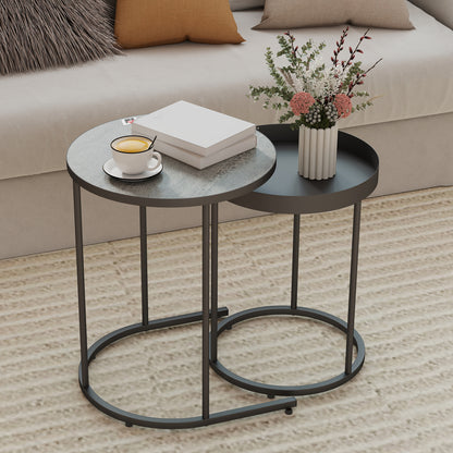 Set 2 Măsuțe de Cafea  Stivuibile în Stil Industrial, din Lemn și Metal, Ø42x54 cm și Ø36.5x48.5 cm, Gri și Negru