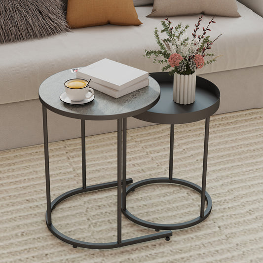 Set 2 Măsuțe de Cafea  Stivuibile în Stil Industrial, din Lemn și Metal, Ø42x54 cm și Ø36.5x48.5 cm, Gri și Negru
