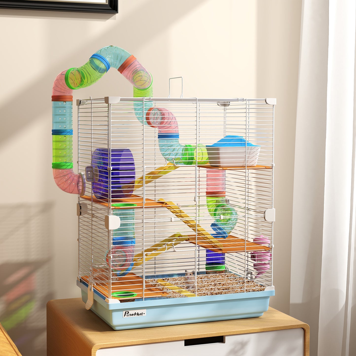 Căsuță pentru Hamsteri cu 5 Niveluri cu Tuburi, Roată, Scări, Căsuță și Sticlă, din Metal, PP și PS, 46x30x58 cm
