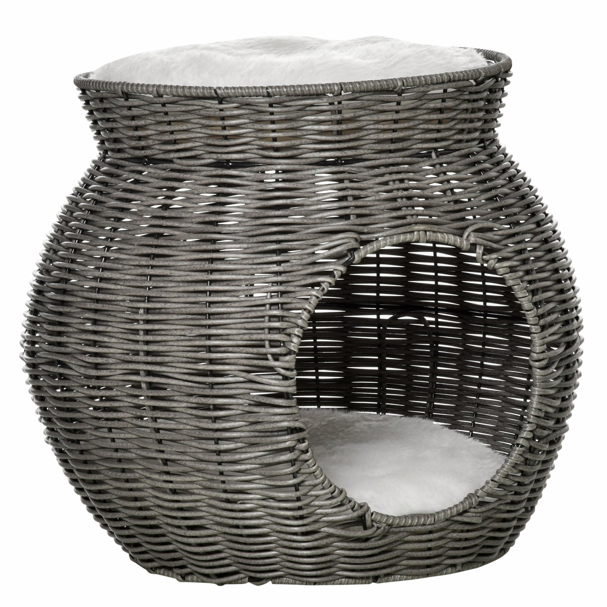 Cos pentru Pisici din rattan PE cu 2 Niveluri cu Perne de Plus Lavabile, Φ50x43.5cm - Gri Inchis