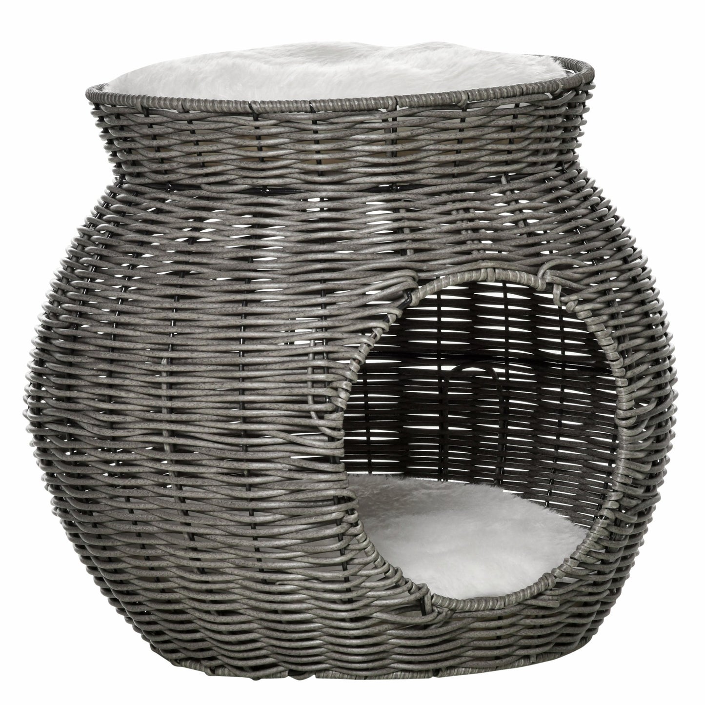 Cos pentru Pisici din rattan PE cu 2 Niveluri cu Perne de Plus Lavabile, Φ50x43.5cm - Gri Inchis