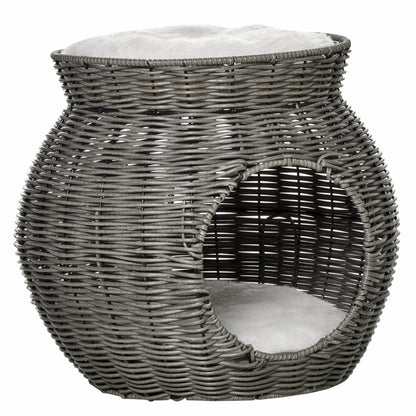 Cos pentru Pisici din rattan PE cu 2 Niveluri cu Perne de Plus Lavabile, Φ50x43.5cm - Gri Inchis