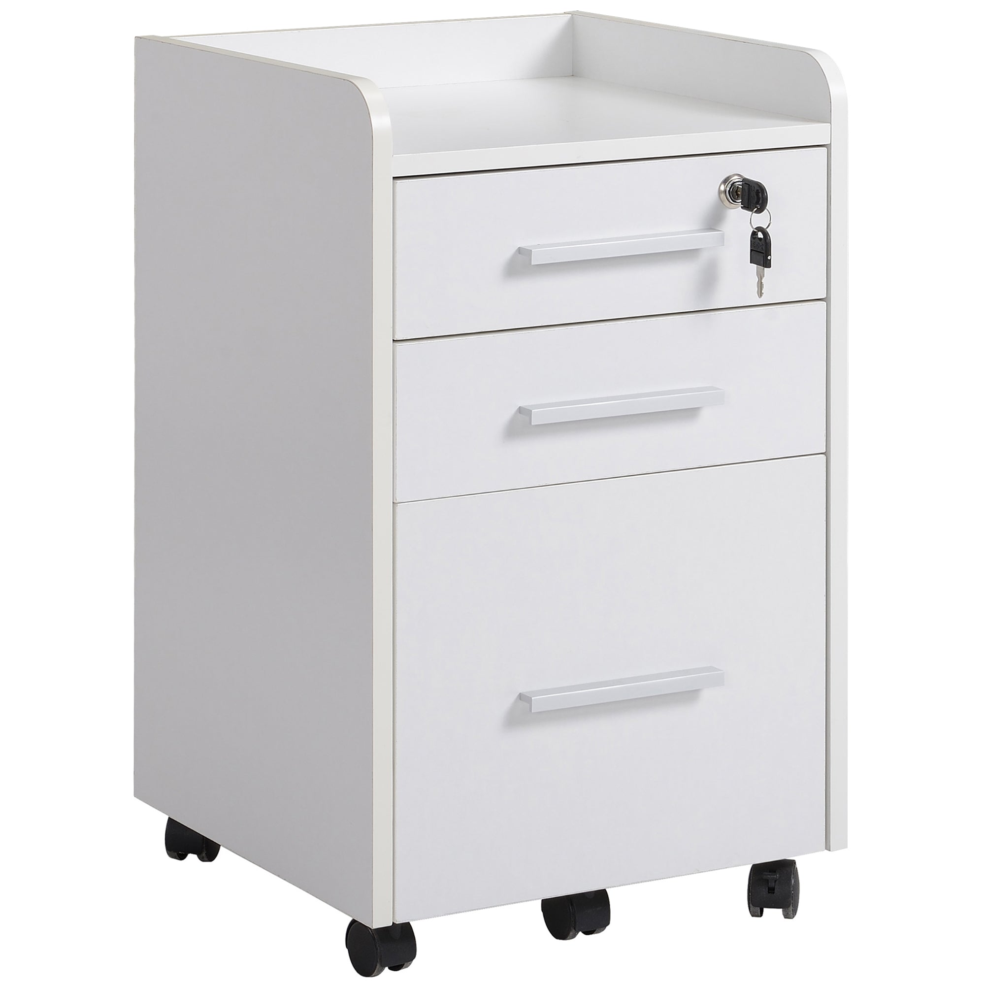 Comoda Birou 3 Sertare – Cu Etajera & 5 Roti, Alb Modern
