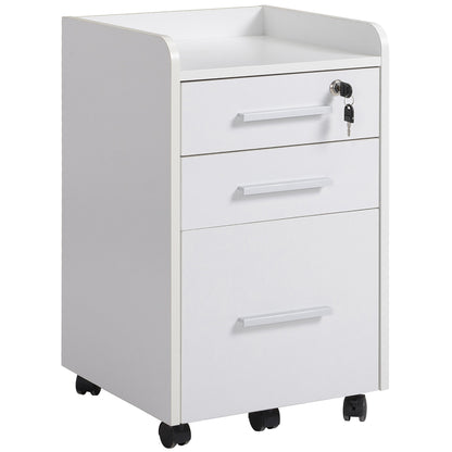 Comoda Birou 3 Sertare – Cu Etajera & 5 Roti, Alb Modern