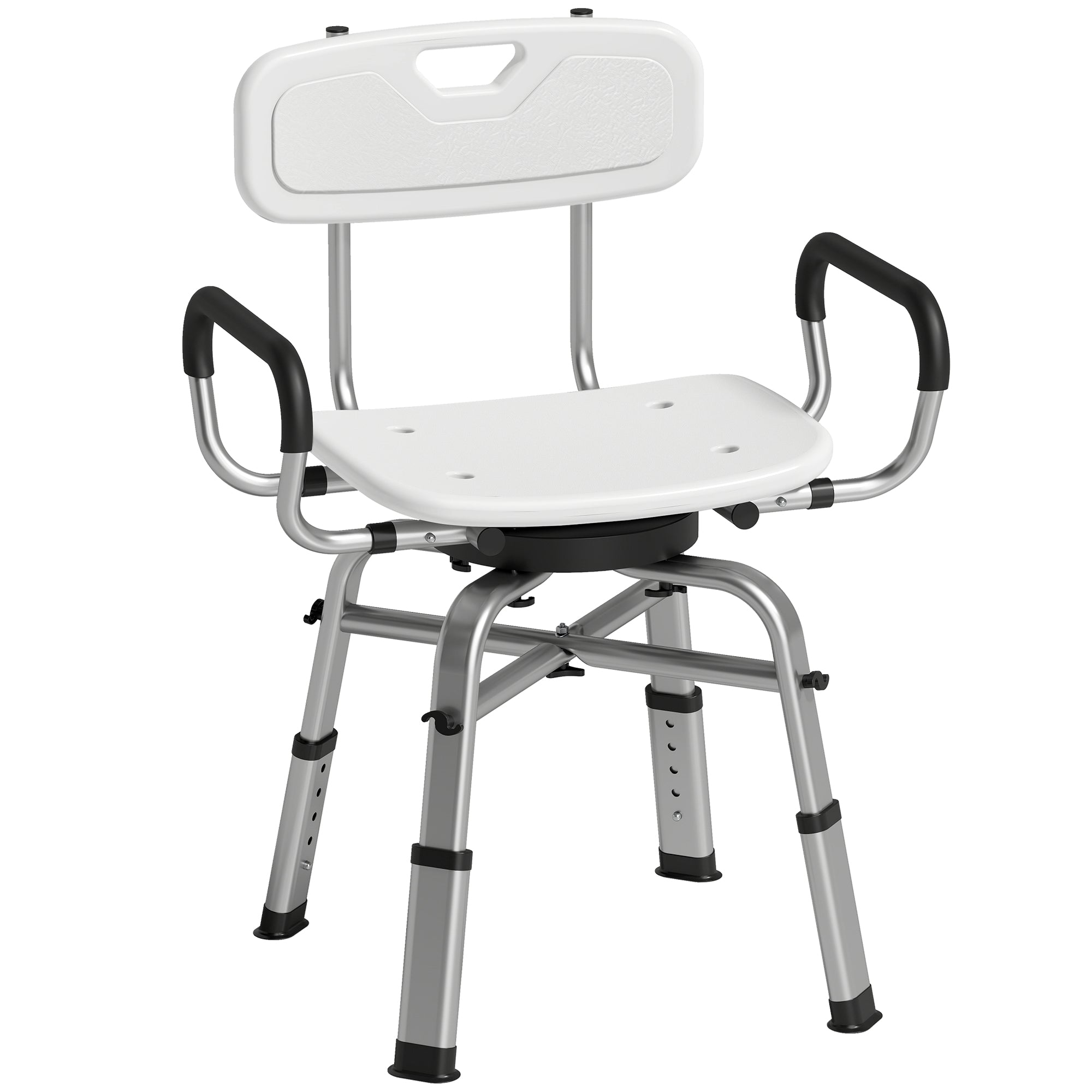 Scaun de Duș Rotativ Reglabil pe Înălțime cu Brațe, Spătar, Capacitate 150 kg, Alb