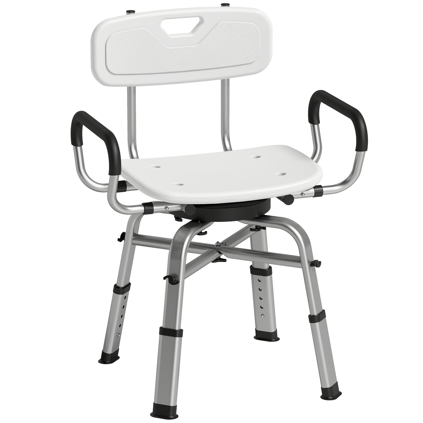 Scaun de Duș Rotativ Reglabil pe Înălțime cu Brațe, Spătar, Capacitate 150 kg, Alb