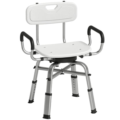 Scaun de Duș Rotativ Reglabil pe Înălțime cu Brațe, Spătar, Capacitate 150 kg, Alb