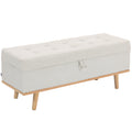 Bancă de Depozitare de 80L Tapițată cu Material Textil și Picioare din Lemn, 118x42x45 cm, Crem