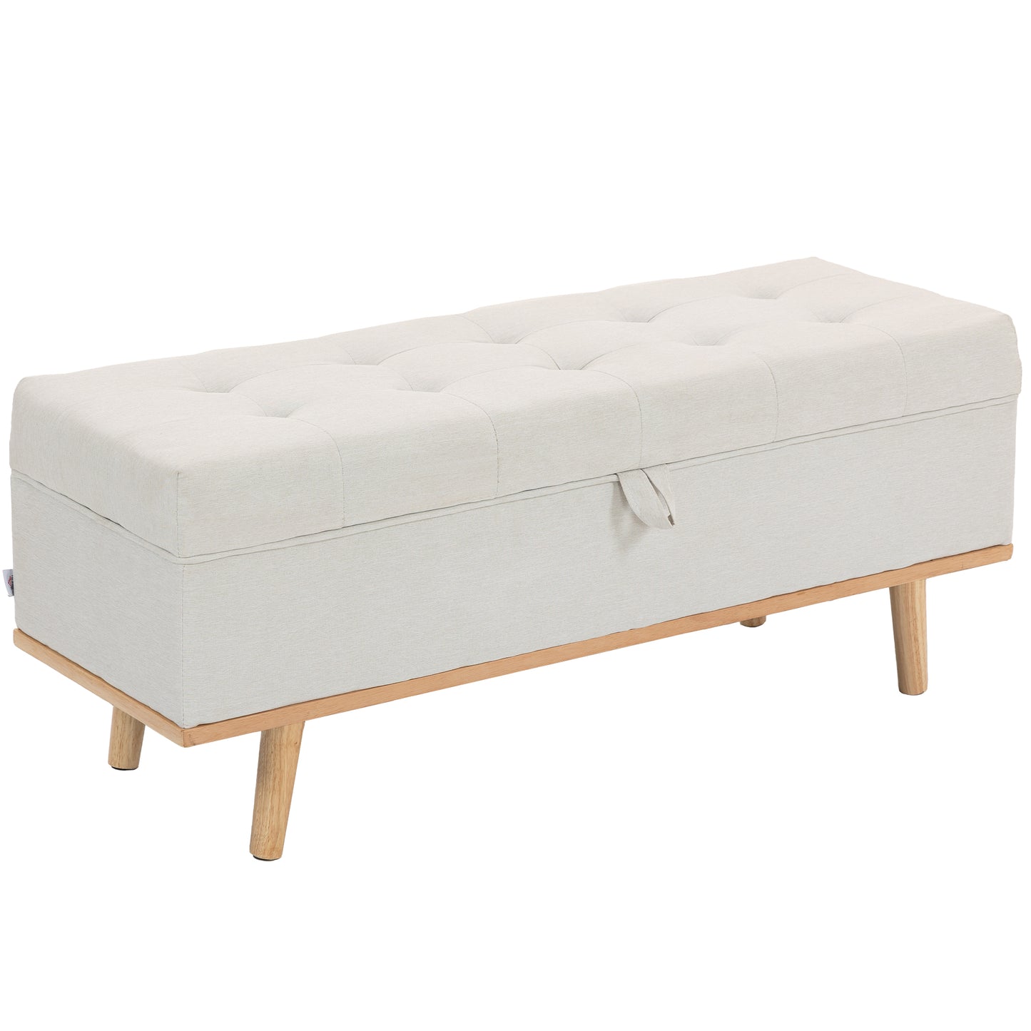 Bancă de Depozitare de 80L Tapițată cu Material Textil și Picioare din Lemn, 118x42x45 cm, Crem
