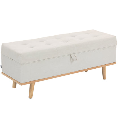 Bancă de Depozitare de 80L Tapițată cu Material Textil și Picioare din Lemn, 118x42x45 cm, Crem